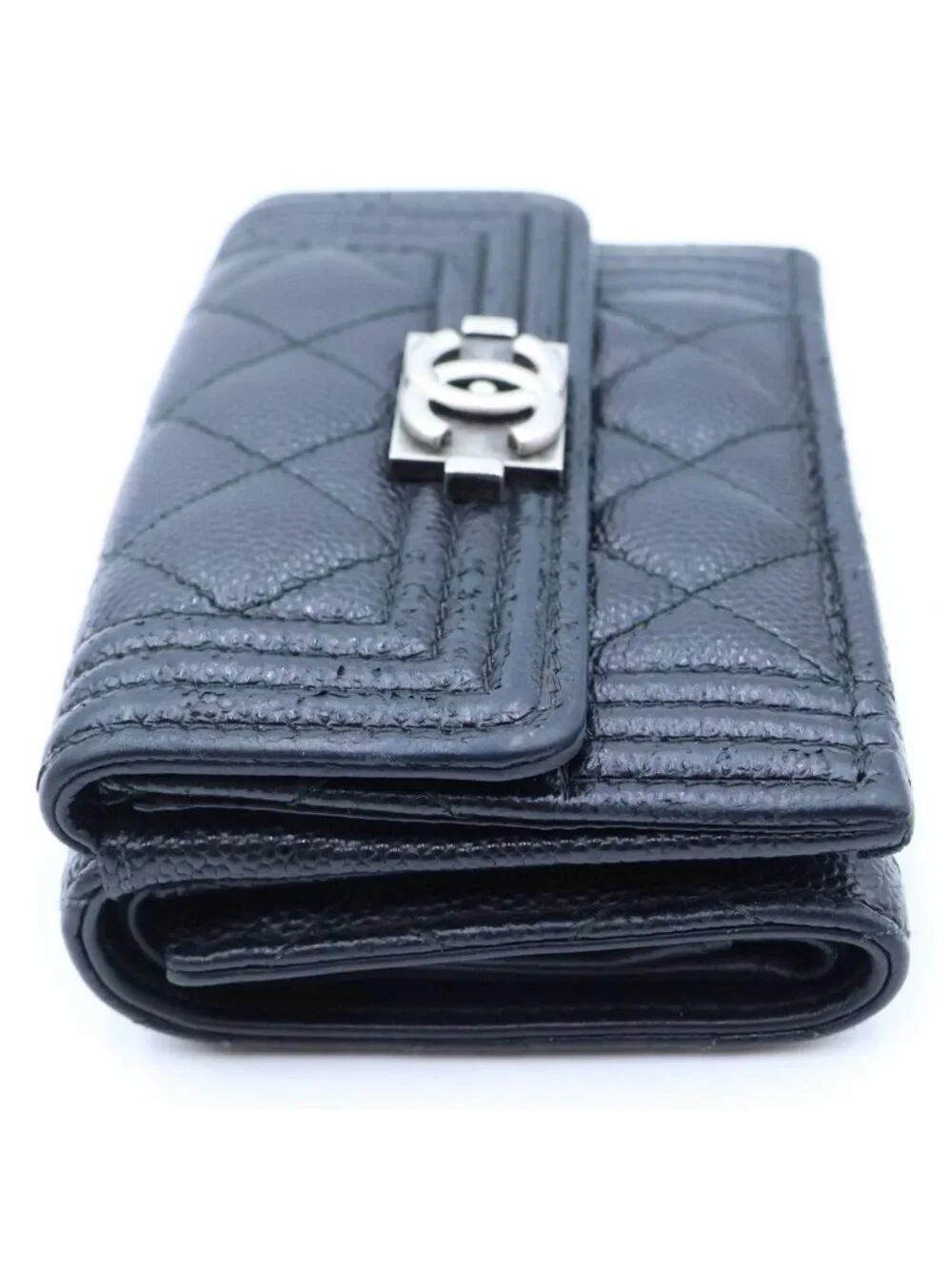 Chanel Boy Trifold Wallet Compact Coin Purse Black Caviar Leather Silver